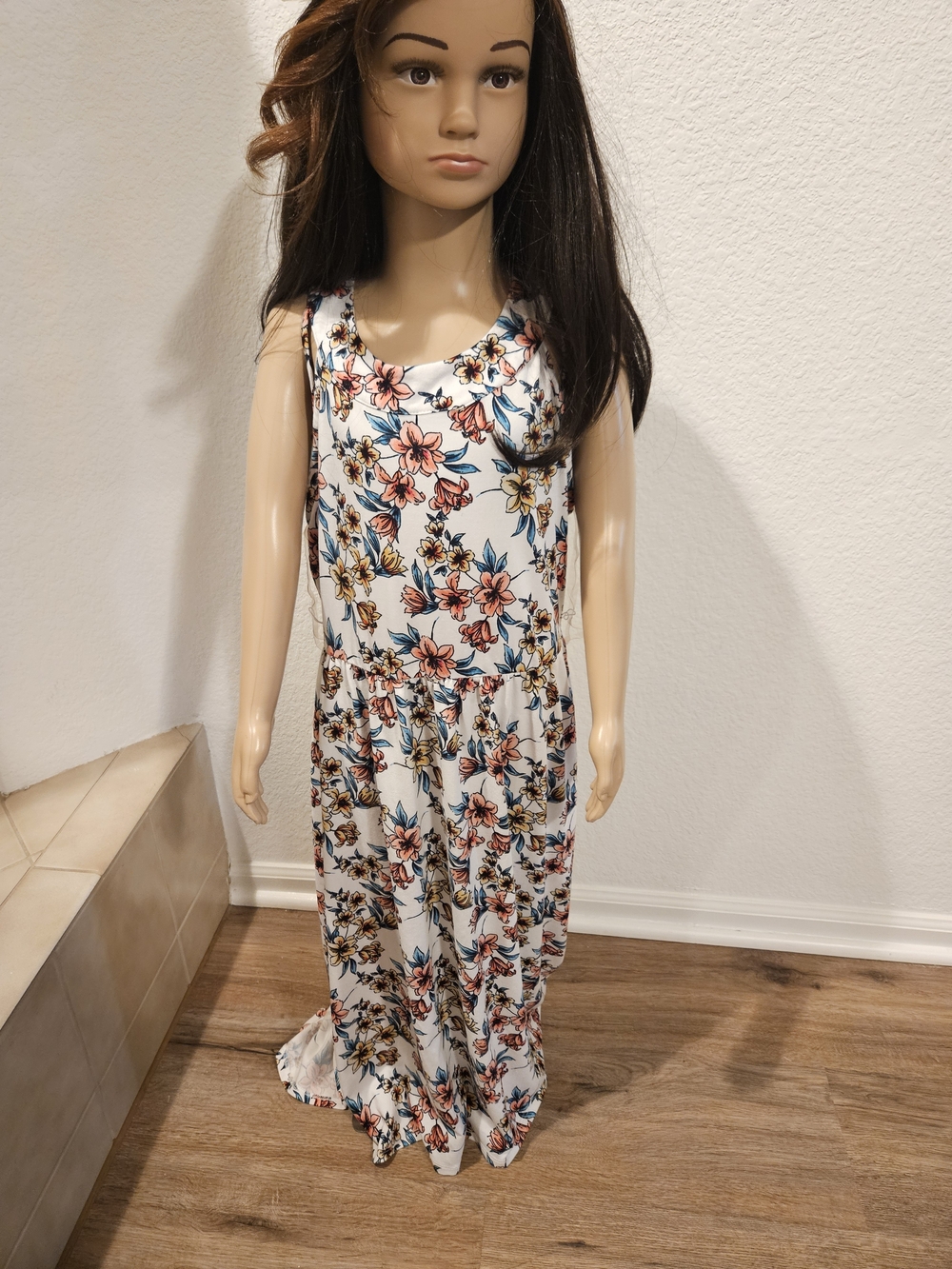 paper doll Cream Floral Sundress with Pink, Yellow & Blue Accents
